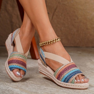 Sandales compensées pour femmes à bout ouvert, en paille, à semelle épaisse, respirantes, à enfiler, avec bride arrière, souples, pour l'été - Product Image 4
