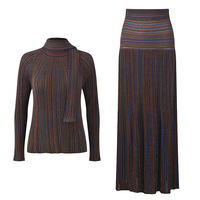 Nouvel ensemble deux pièces pour femme : haut en maille rayé à manches longues et jupe simple taille haute, style français tendance