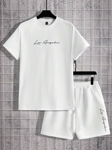 Conjunto de Camiseta y Pantalones Cortos de Algodón Blanco, Cuello Redondo, Manga Corta, Color Sólido, Unisex, Ropa de Verano - Product Image 2