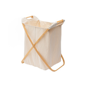 Bamboo <b>Laundry</b> <b>Basket</b> Gray Canvas Rectangle Standing Type Clothing Organizer Bathroom Storage - Product Image 4