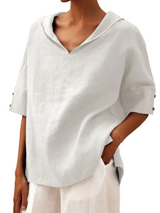 Camiseta holgada con capucha de algodón y lino de color liso para mujeres europeas y americanas - Product Image 2