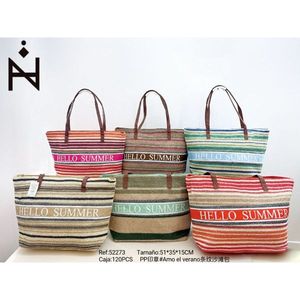 Bolso de playa de paja a rayas Hello Summer 51x35x15cm con estampado PP, bolso de mano de verano para mujer - Product Image 1