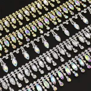 Hot Sale Metal Garment Decoration Long Rhinestone Fringe Trim Crystal Chain Diamond Rhinestone Tassel Trim