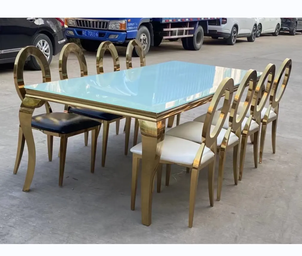 Luxury design marble top dining 6 chairs table set metal stainless steel dining room furniture table and chairs for dining room