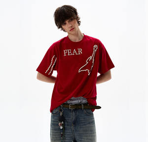 เสื้อยืดผู้ชายสุดหรู ผ้าฝ้าย 100% แฟชั่นฤดูร้อน 260 แกรม หนัก ทรงโอเวอร์ไซส์ ลายปักลูกปัด 3 มิติ ระบายอากาศ สไตล์สตรีท - Product Image 1