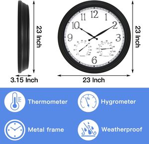 <span class=keywords><strong>Horloge</strong></span> murale en quartz surdimensionnée de 23 pouces avec thermomètre hygromètre Cadre en métal pour une utilisation en intérieur et en extérieur - Product Image 2