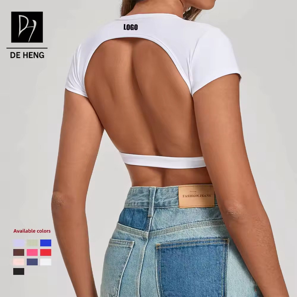 Padded Women Sexy Back Open Athletic Short Sleeve Shirts Fitness Yoga Sports Bra Lightweight Breathable Workout Crop Tops