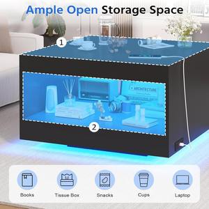 Table basse carrée noire en <span class=keywords><strong>bois</strong></span> robuste avec éclairage LED et station de charge, faible MOQ, rangement ouvert - Product Image 2