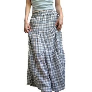 Falda Larga Casual de Estilo Literario Fresco con Diseño Retro a Cuadros Azules para Chicas, Personalizable y con Corte en A - Product Image 1