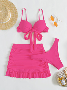 European American Women Three Piece Swimsuit Front Tie Push Up Bikini <b>Skirted</b> Tummy Control Bathing Suit - Product Image 2
