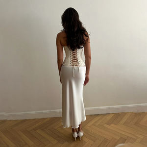 Jupe mi-longue en dentelle écologique de couleur unie pour femmes, taille basse, jupe moulante en satin pour soirée - Product Image 6