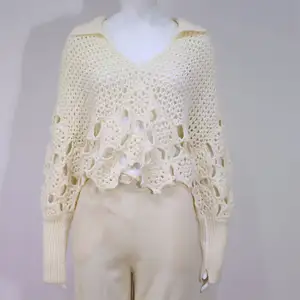 Produsen Putih Crochet Overpull Wanita Knit Pullover Berongga Lapel Lapel Knit Tops untuk Wanita
