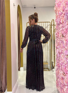 Su misura Oem di alta qualità signore collo a V <span class=keywords><strong>maniche</strong></span> <span class=keywords><strong>lunghe</strong></span> pieghettato maglia glitterata Maxi abito lungo per le donne - Product Image 4