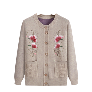 Cardigan en tricot épais respirant pour femme, à manches longues, col rond, style vintage, avec broderie florale violette - Product Image 2