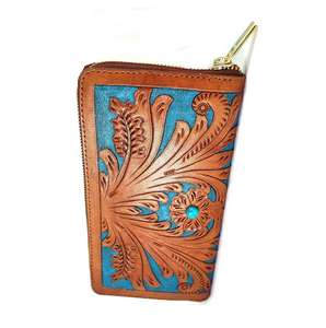 กระเป๋าคลัทช์หนังแท้สีน้ำตาลวินเทจลายดอกไม้ประดับเทอร์ควอยซ์ งานแฮนด์เมด พร้อมซิปปิด ดีไซน์สวยหรู ขายดี - Product Image 3