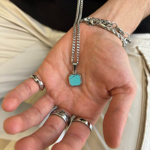 Collana con Ciondolo Quadrato in Pietra per Uomo, Onice, Pietra <span class=keywords><strong>di</strong></span> Luna, Turchese, Gioiello Personalizzato su Misura - Product Image 4