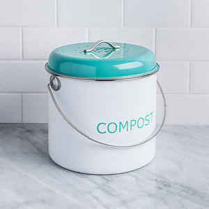Round Shape Steel Compost <strong>Bin</strong> Indoor <strong>White</strong> Metal Green Lid <strong>Kitchen</strong> Compost <strong>Bin</strong> With Charcoal Filter &amp; Steel Handle - Product Image 1