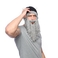 Chapeau de laine tricoté à la main avec barbe et masque amusant pour homme et femme, bonnet d'hiver chaud pour le ski, masque de personnalité pour Halloween, chapeau viking