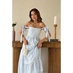 เดรสทรงเอลายทางสีน้ำเงิน เอวสม็อค ไร้สายรัด ระบายอากาศได้ดี ผ้าทอ สวมใส่สบายๆ ทุกวัน - Product Image 3