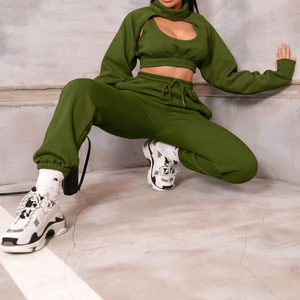 Joggers con logotipo personalizado Conjunto de Top corto de 3 piezas Conjunto de pantalones de dos piezas Conjunto de Jogger de entrenamiento de algodón para mujer. - Product Image 2