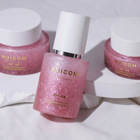Nouvel ensemble cosmétique en verre violet foncé motif fleur de glace, flacon crème 30g et flacon lotion 100ml avec capuchon blanc