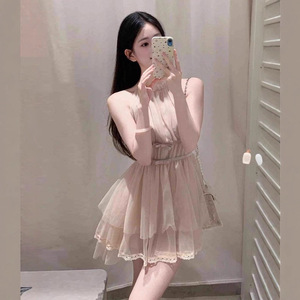 Pink Halter Neck Bow Dress <b>Elastic</b> Waist Mini <b>Skirt</b> Daily Casual Style - Product Image 1