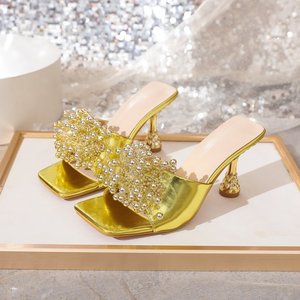 Nuevos Talones Altos Sexys, Escarpins, Mules, Sandalias de Punta Cuadrada para Mujer, Tacones Dorados para Damas - Product Image 5