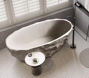 Moderna <span class=keywords><strong>Bañera</strong></span> Ovalada Independiente de Piedra Artificial con Superficie Inferior Antideslizante para Baño en Apartamentos Pequeños - Product Image 4