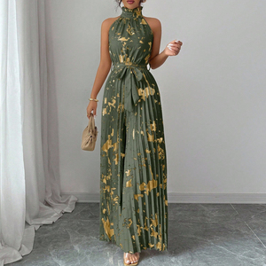 Combinaison plissée à col montant pour femme avec ceinture à nouer et imprimé floral doré - Product Image 1