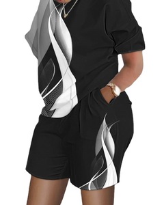 Conjunto de pantalones cortos informales de verano para mujer, Camiseta con estampado de letras, pantalones cortos a juego, Traje de dos piezas de tela con decoración de patrón - Product Image 1