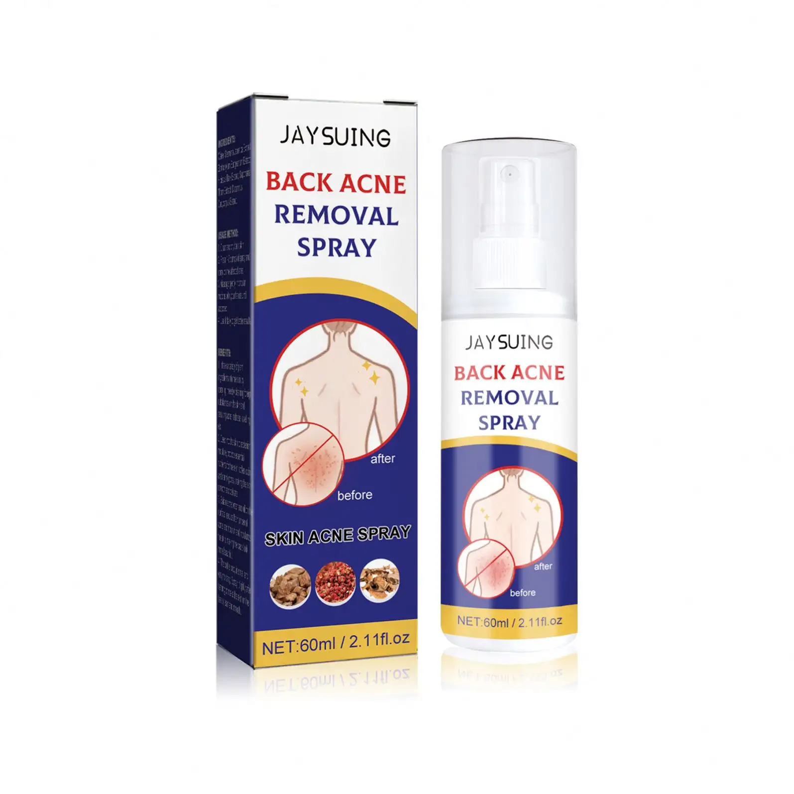Jaysuing Groothandel Natuurlijke Kruidenrug Acne Spray Olie Controle Rustgevende Body Back Acne Behandeling Spray Voor Japan 60Ml