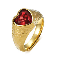 Vente en gros de bagues en forme de cœur massives et imposantes, style antique rétro, en or, rubis et grenat, pour femmes, bijoux en acier inoxydable, bijoux en or tendance