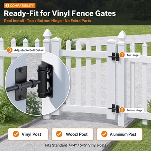 Kit completo de herrajes para puerta de valla de vinilo SS304 con bisagra de cierre automático, pestillo negro, tornillos y llave para PVC, patio, piscina y jardín. - Product Image 4