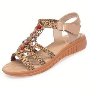 Bohemian Thick Sole Sandals Women Summer Outer Wear Hollow Out Woven Roman <b>Shoes</b> Wedge Flat <b>Beach</b> Casual Footwear - Product Image 5