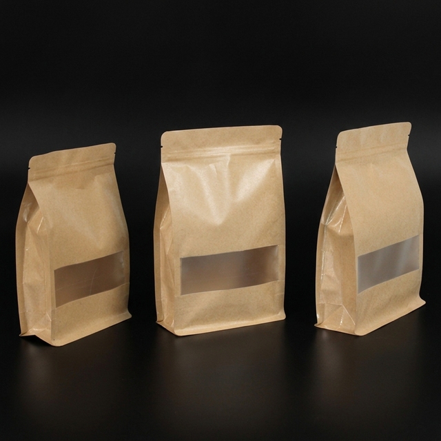Recycled Eco Friendly Flat Bottom Stand up Pouch Kraft Paper Zipper Bag for Food Pizza Sushi Freeze-dried Fruit Snacks