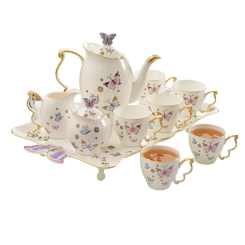 Đẹp 3D bướm Thiết kế xương Trung Quốc sứ cà phê & Tea sets tinh tế Hộp Quà Tặng ấm trà cup với Tray Set