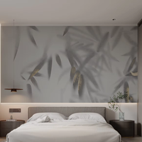 Peinture murale moderne botanique Zen en feuilles de bambou gris clair et or, style aquarelle, pour chambre, salon, cuisine – Facile à poser – Vente en gros sur mesure