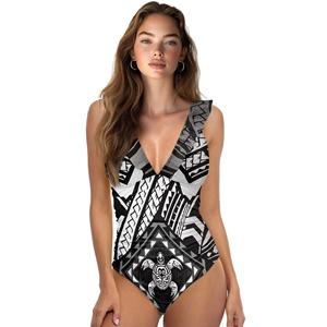 Traje de Baño de una Pieza con Estampado Tribal Hawaiano Maorí, Cuello en V con Volantes, Estampado Geométrico de Tortuga en Blanco y Negro para Mujer - Product Image 4