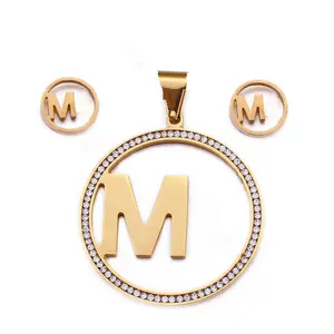 MK字母项链耳环套装女性不锈钢女性套装珠宝Joyeria水晶新品2021水晶