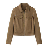 Veste courte en faux daim pour femme, col à revers, fermeture éclair intégrale, manches longues, poches, vêtement d'extérieur décontracté pour l'automne 2609-33b