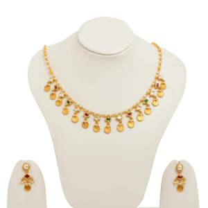 Gold plated traditional <b>necklace</b> set with pearl chain <b>coin</b> drops red green stones and matching earrings ethnic jewelry - Product Image 1