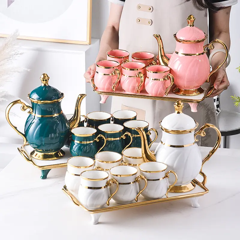 Luxury 8Pcs Arabic Gold Rim Porcelain Coffee Tea Cup Set With Teapot Tray Ceramic Tea Cup Set