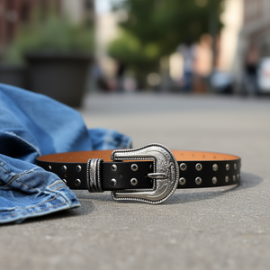 Cinturón de cuero genuino de 2,5 cm x 110 cm con hebilla plateada, cinturón informal vintage - Product Image 2