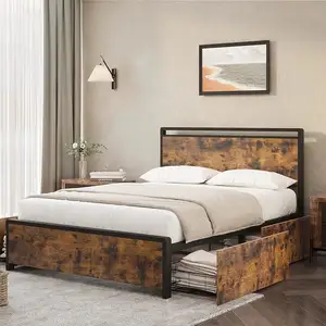 Каркас кровати размера «King-Size» с 4 ящиками для хранения и изголовьем кровати, прочная кровать без шума, винтажная коричневая