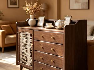 Midcentury Modern Solid Wood Living Room Cabinet with 4 <b>Drawers</b> and Woven Door <b>Storage</b> Furniture <b>for</b> Home Use - Product Image 6