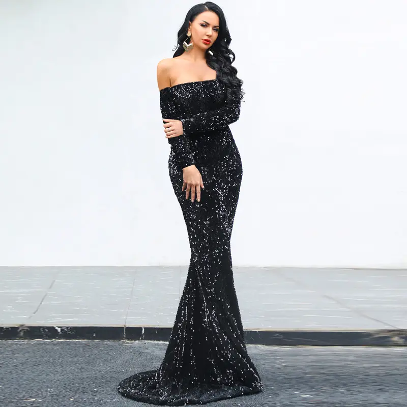 D&M new Sexy Off Shoulder Long Sleeve Sequin Party Evening Dress Long Dress Slim Fit Fishtail Large Prom Dress