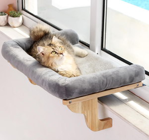 Letto di Lusso Sostenibile per Gatti Amaca da Finestra in Legno con Ventose Robuste e Durevoli Trespolo Sedile per Riposo Lettino di Sicurezza per Gattini - Product Image 1