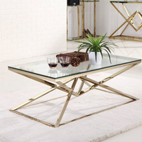 Table à thé rectangulaire transparente à cadre simple en acier inoxydable Table basse carrée en verre