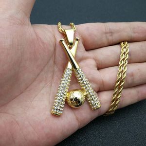 Gold <b>Baseball</b> <b>Bat</b> Pendant Necklace Stainless Steel Chain Pave Setting Hip Hop Jewelry - Product Image 5
