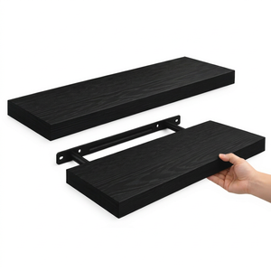 Ensemble de 2 étagères murales flottantes noires avec supports en fer cachés, étagère de rangement en bois moderne détachable - Product Image 1